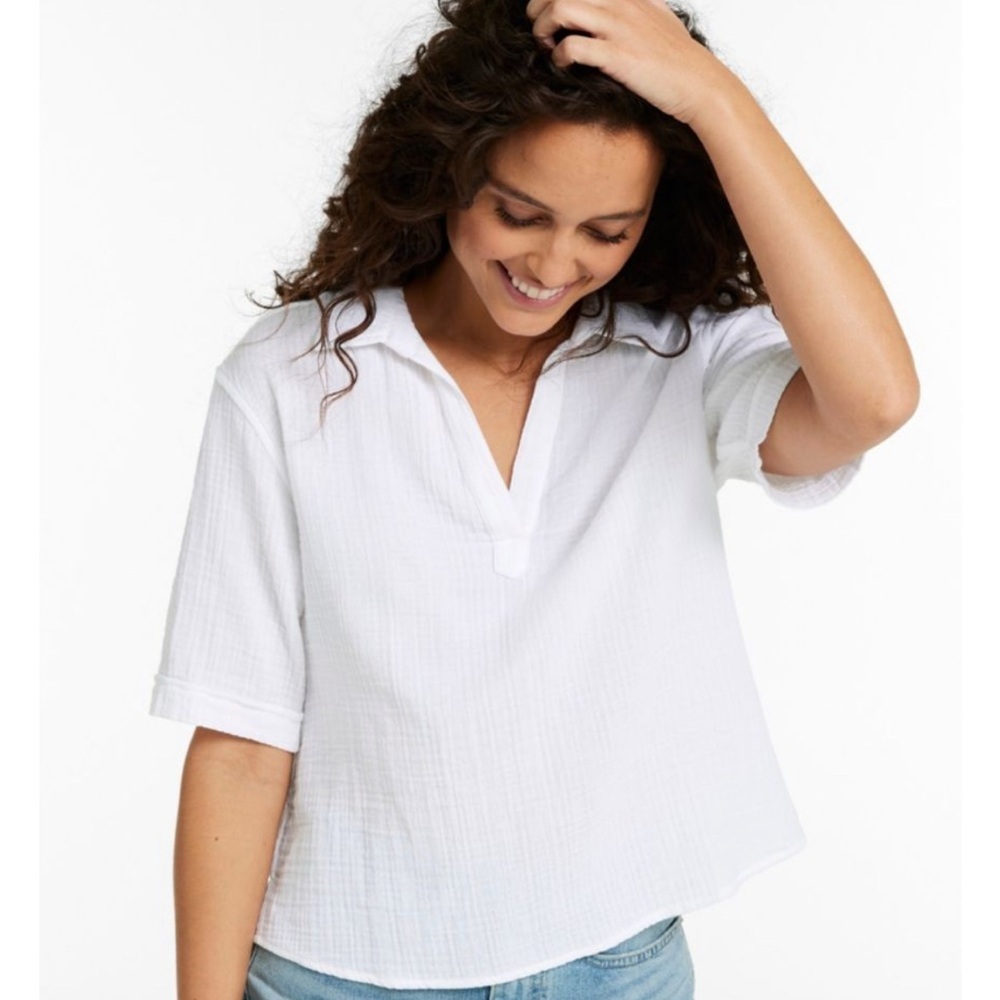 L.L.Bean White Gauze Cotton Polo Shirt Coastal Preppy Vacation Top Large